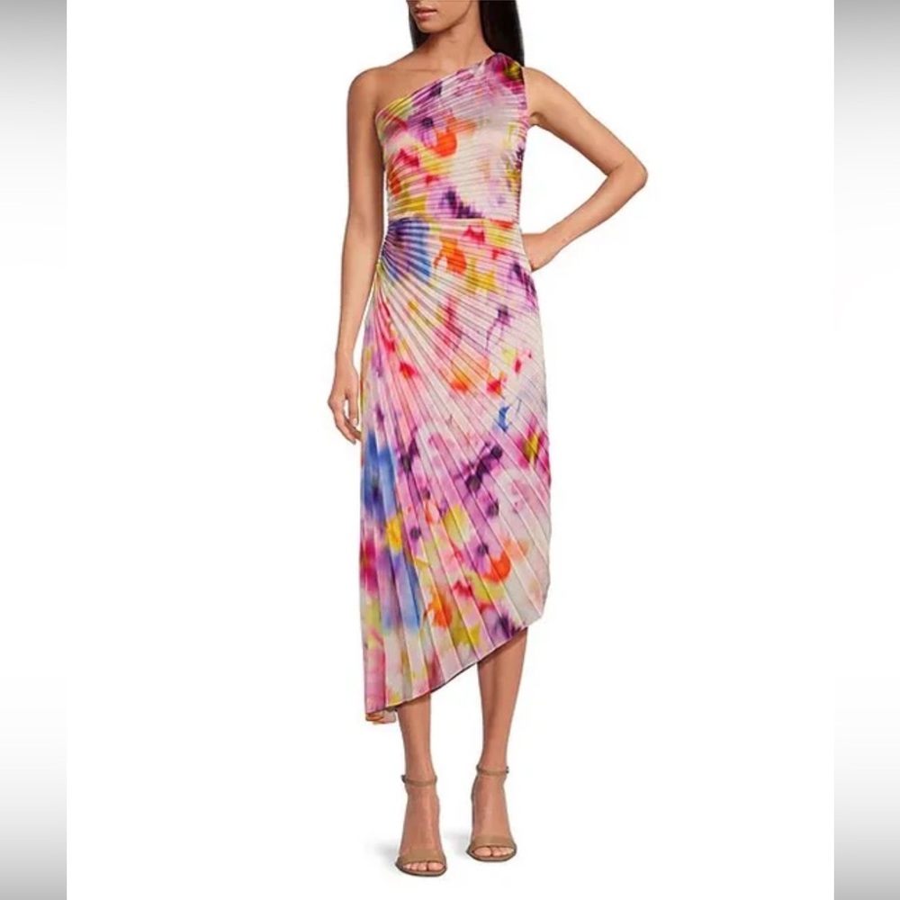 Belle Badgley Mischka Kelsey Accordion Pleat Colorful One Shoulder Dress Nwt 8